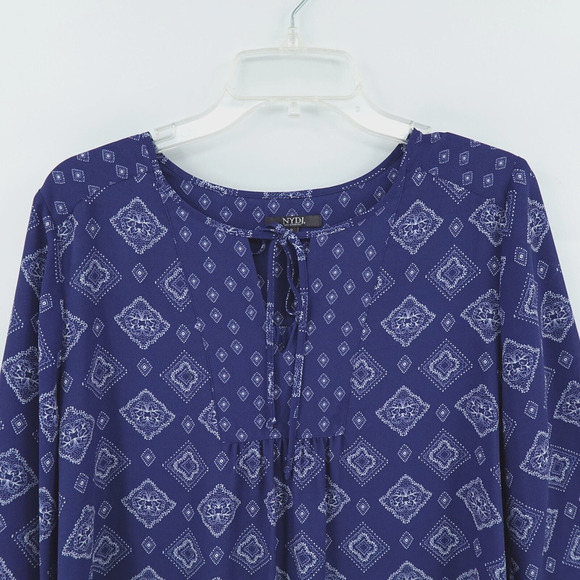 NYDJ Peasant Top Womens Small Blue Geo Print Flowy Boho Chic - Picture 2 of 14